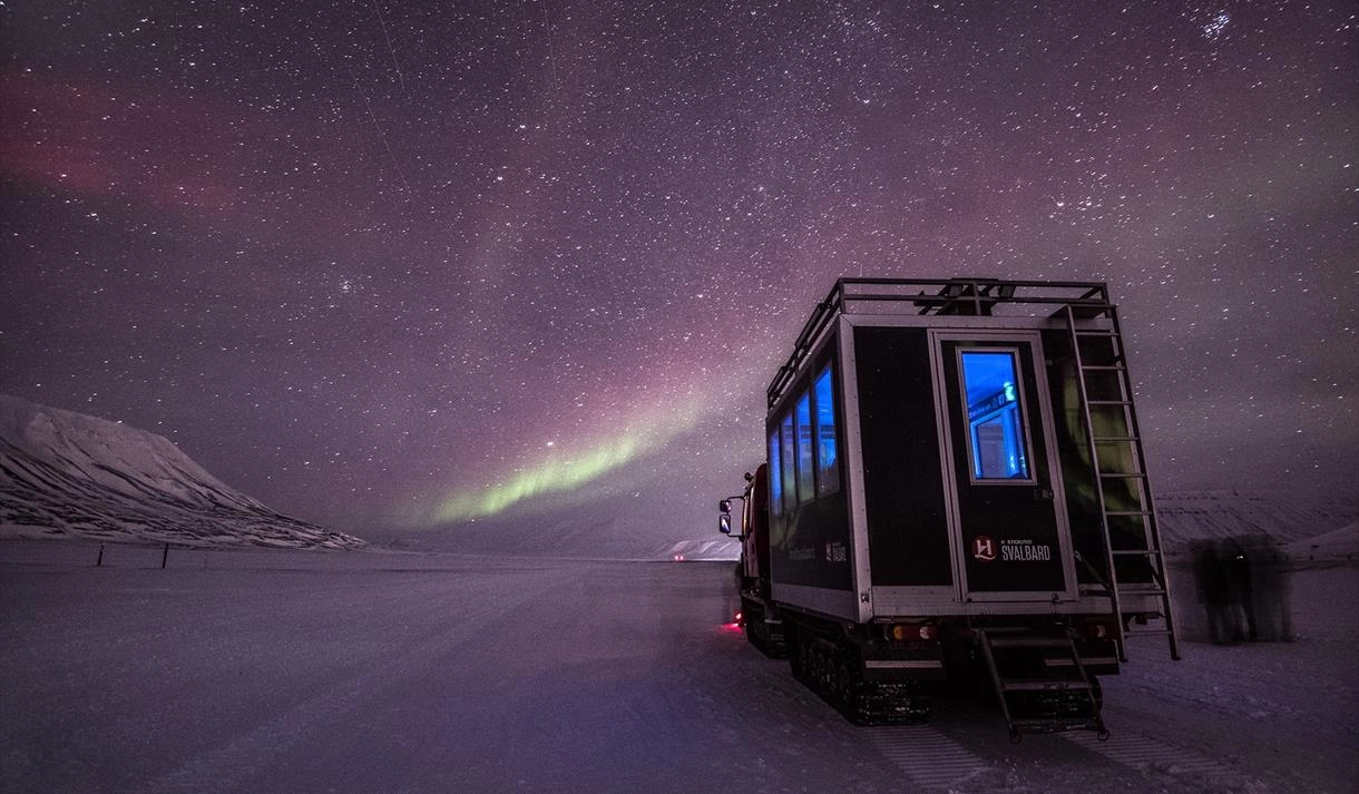 Snowcat auroras borales svalbard